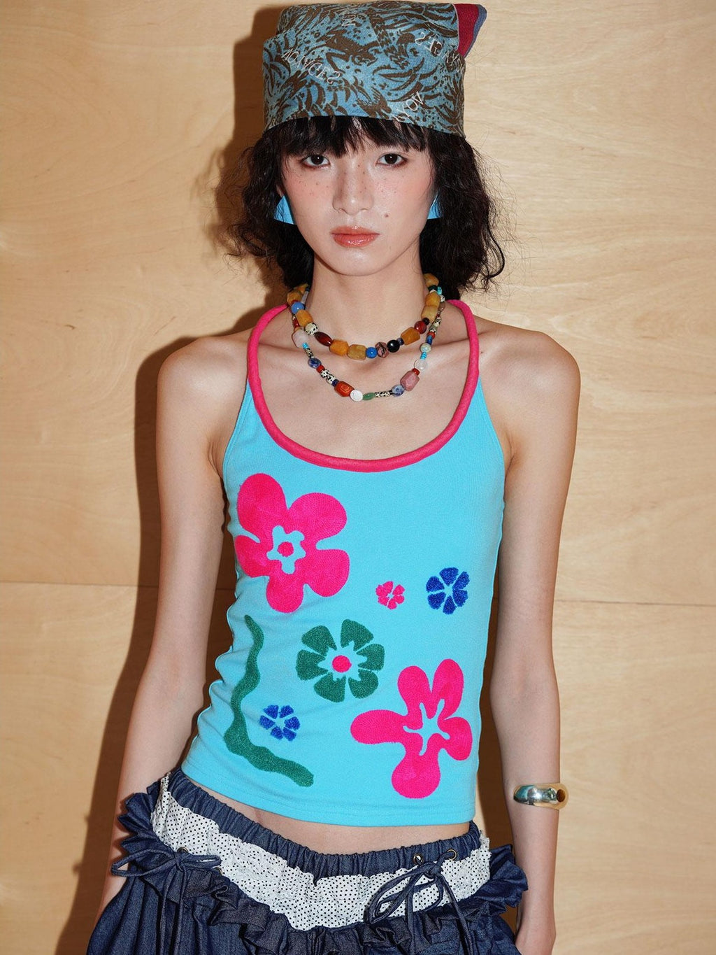 badtaste Bright Colorblock 3d Embroidered Floral Racerback Women's Heavyweight Halter Tops