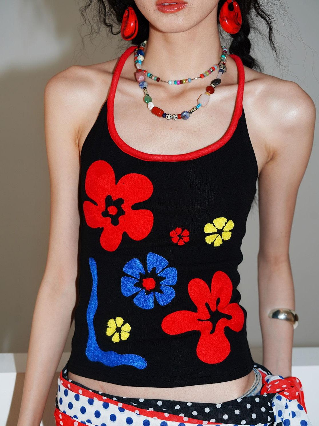 badtaste Bright Colorblock 3d Embroidered Floral Racerback Women's Heavyweight Halter Tops