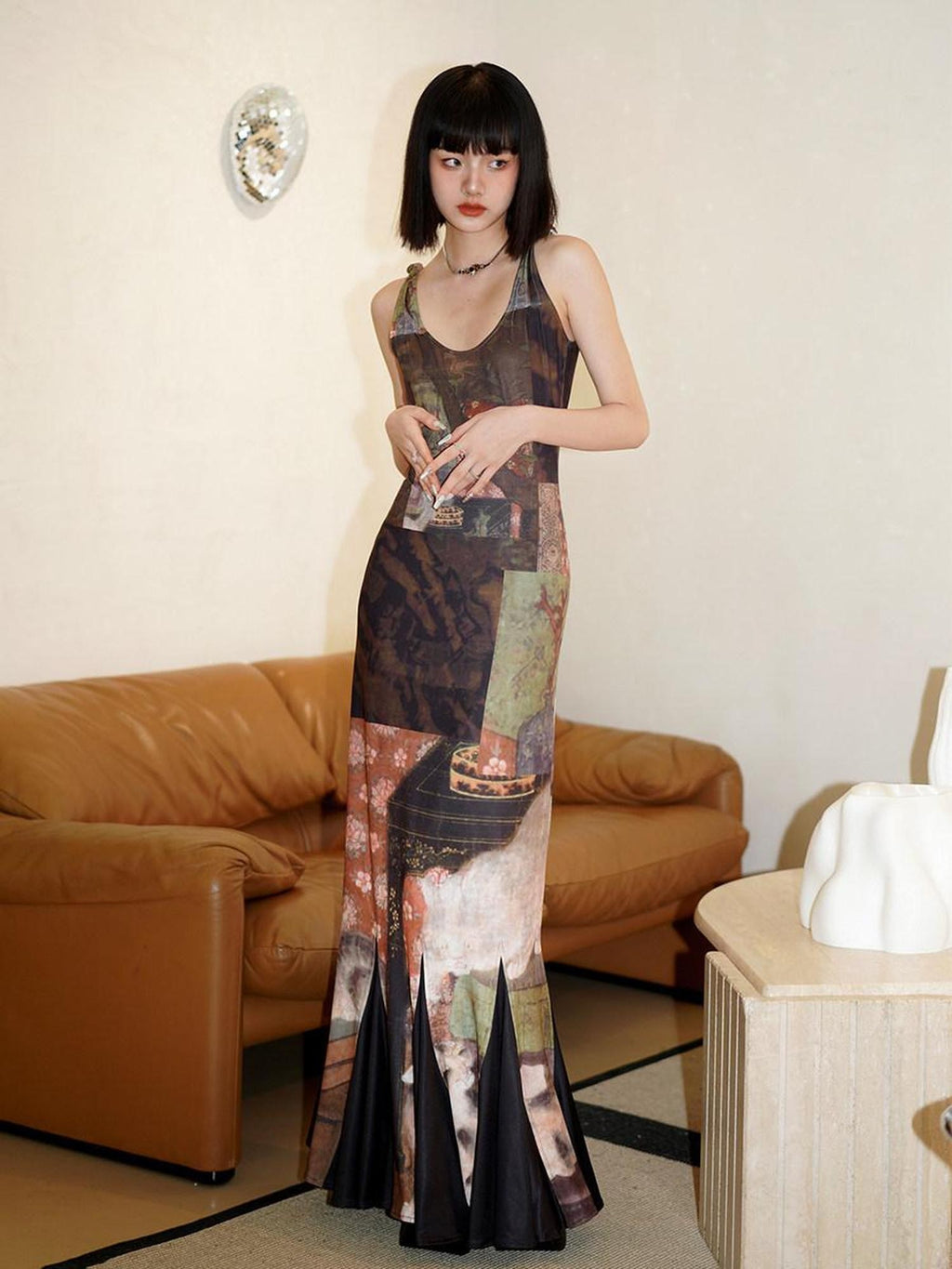 badtaste Brown Chinese Style Stretch Print Mermaid Strap Women's Bodycon Maxi Dresses