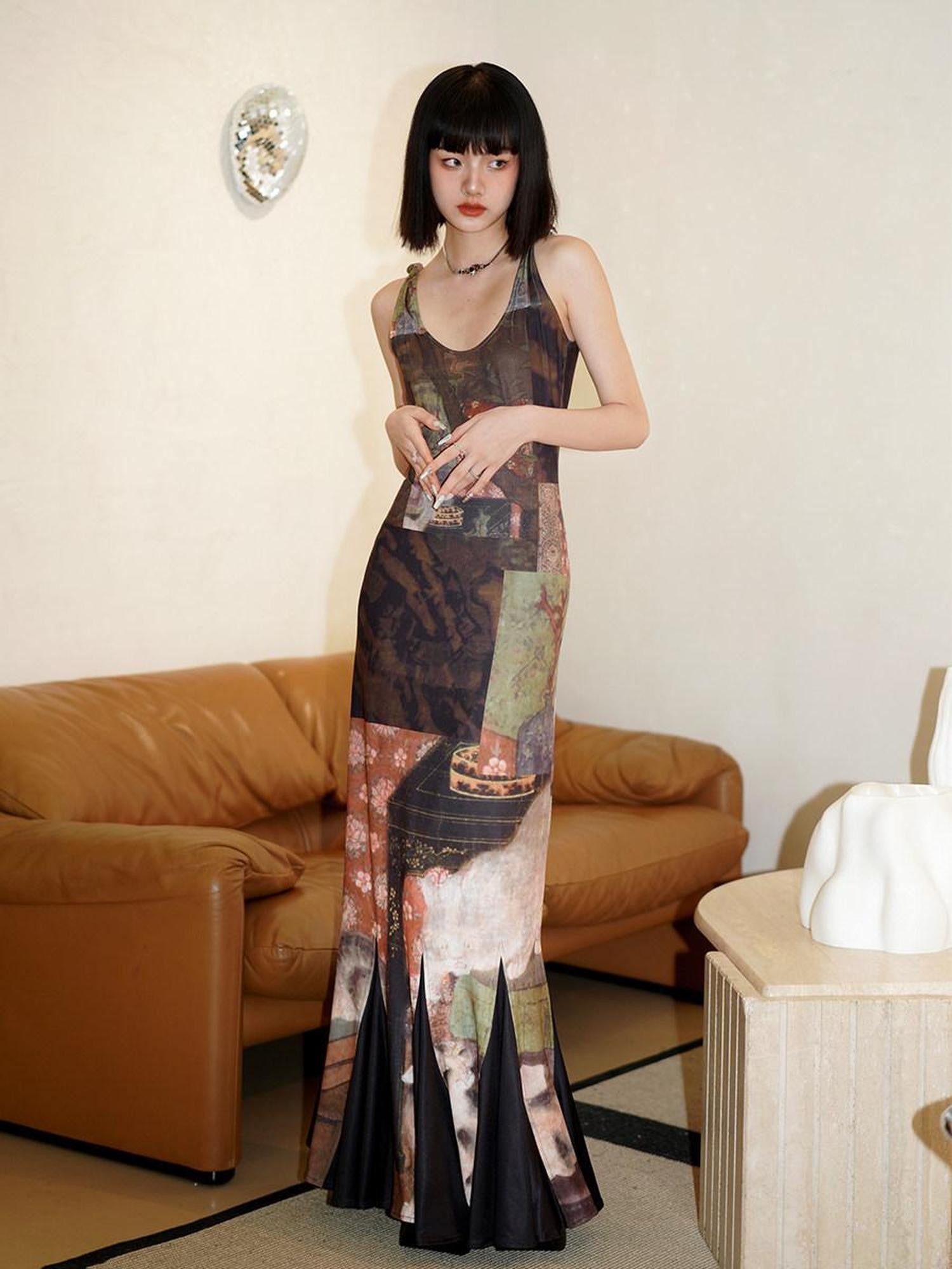 badtaste Brown Chinese Style Stretch Print Mermaid Strap Women's Bodycon Maxi Dresses