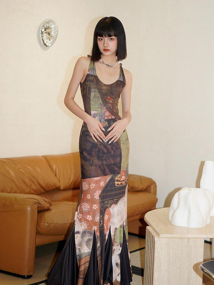 badtaste Brown Chinese Style Stretch Print Mermaid Strap Women's Bodycon Maxi Dresses