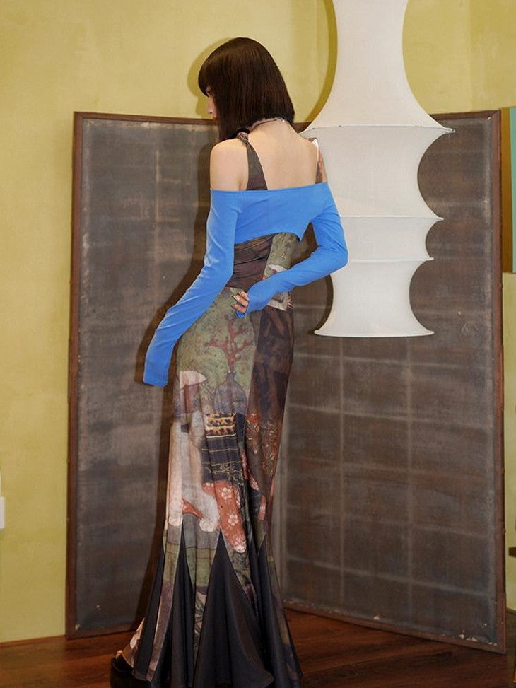 badtaste Brown Chinese Style Stretch Print Mermaid Strap Women's Bodycon Maxi Dresses