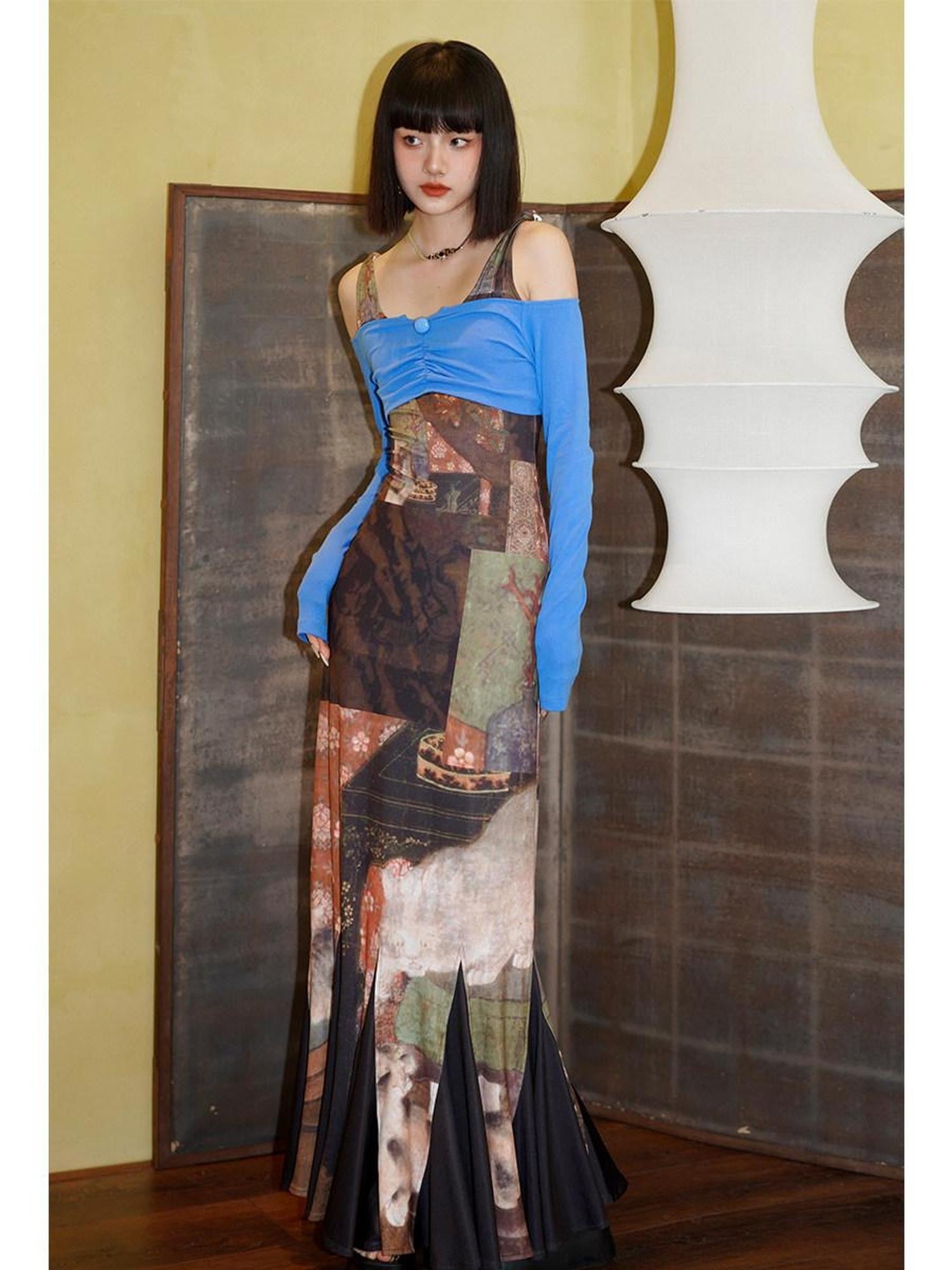 badtaste Brown Chinese Style Stretch Print Mermaid Strap Women's Bodycon Maxi Dresses