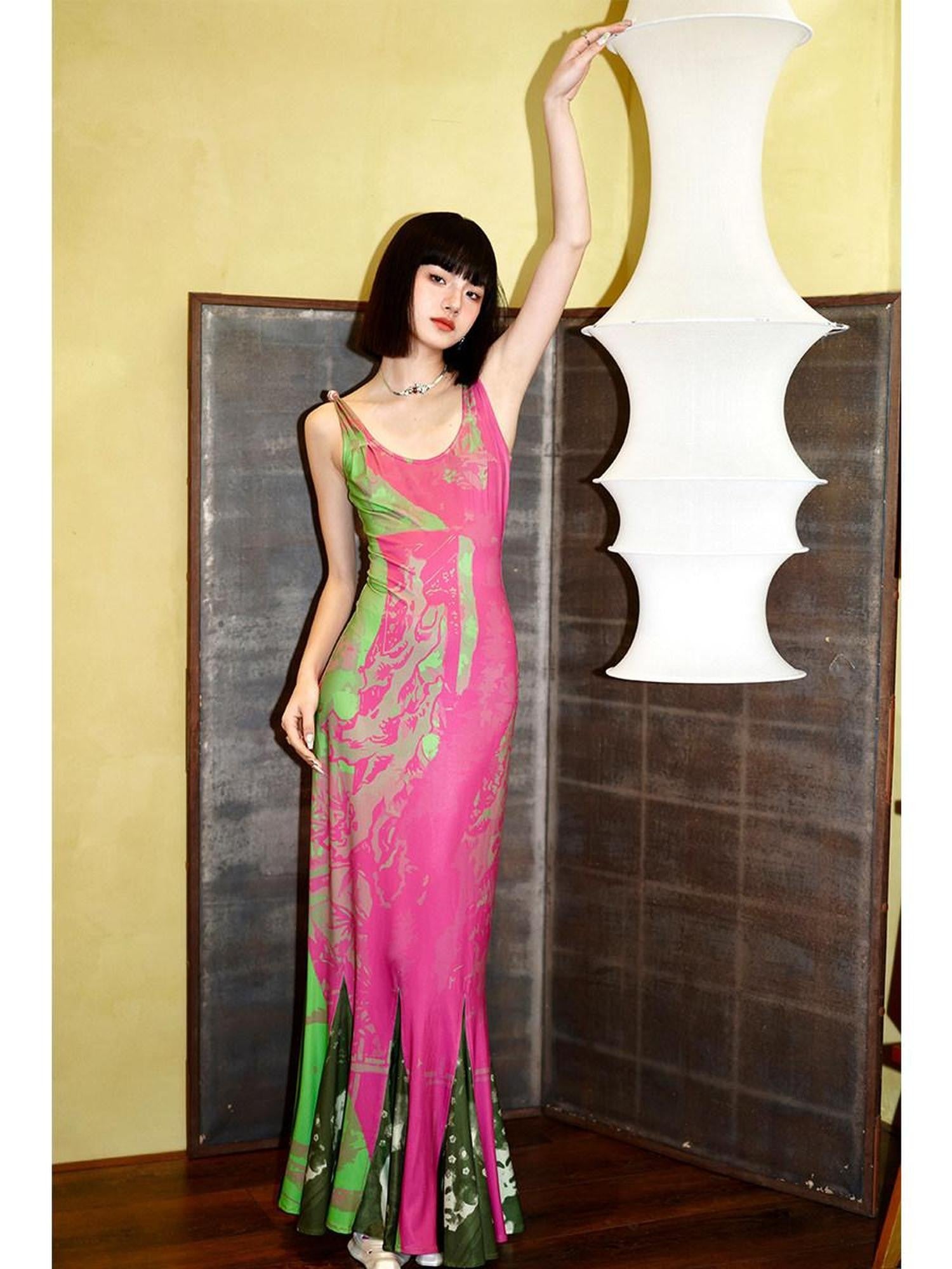 badtaste Brown Chinese Style Stretch Print Mermaid Strap Women's Bodycon Maxi Dresses
