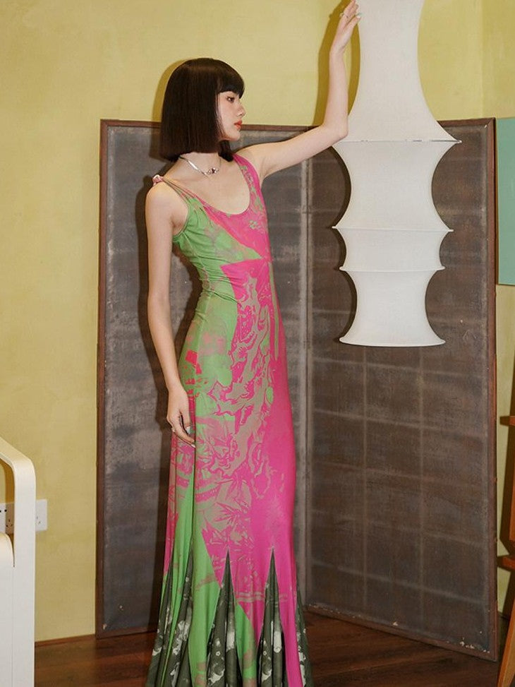 badtaste Brown Chinese Style Stretch Print Mermaid Strap Women's Bodycon Maxi Dresses
