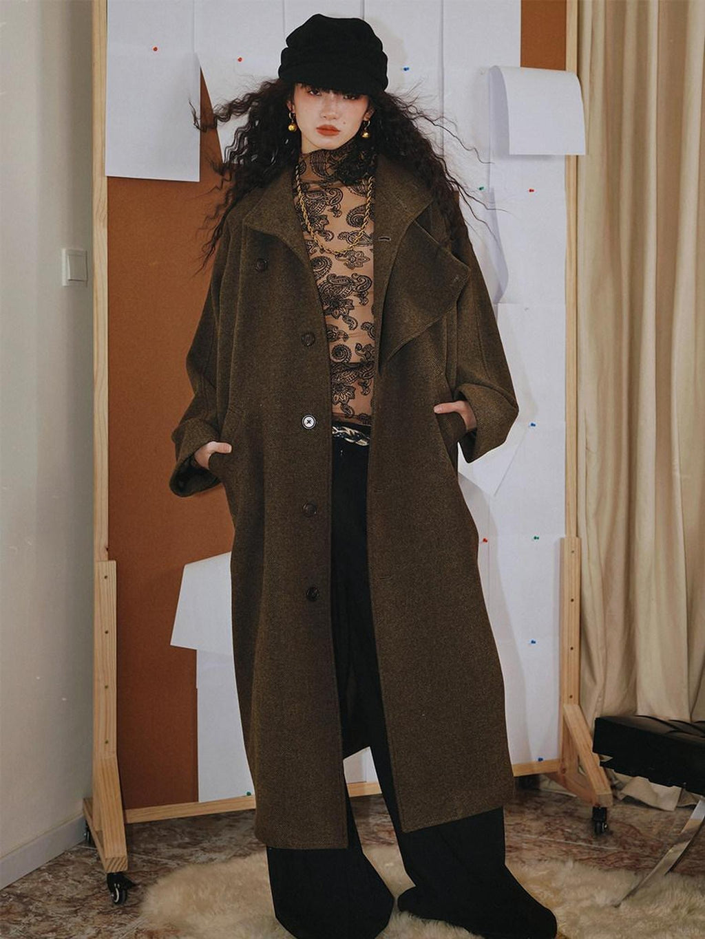 badtaste Brown Western Vintage Coin Classic Oversized Women's Long Coats