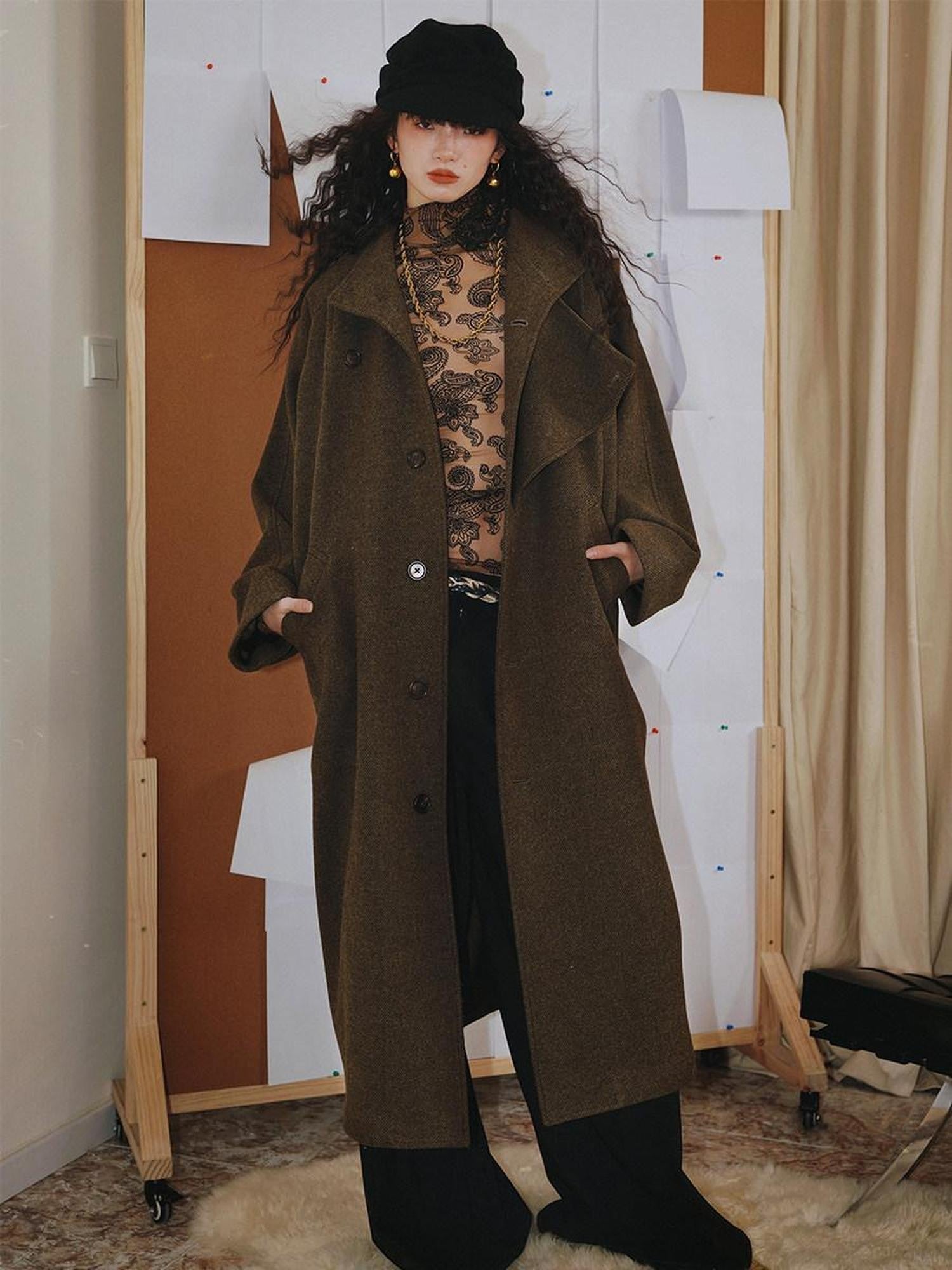badtaste Brown Western Vintage Coin Classic Oversized Women's Long Coats