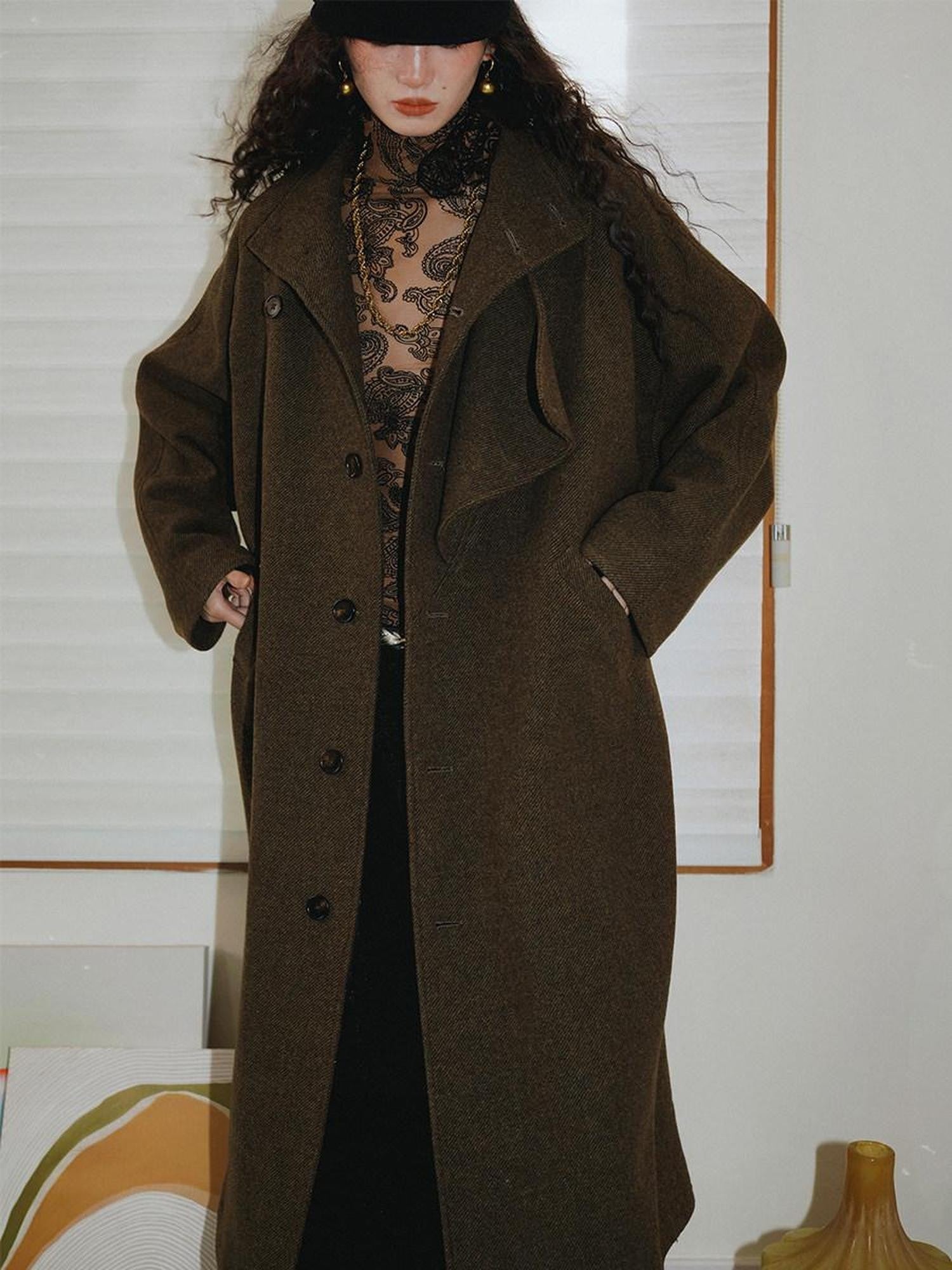 badtaste Brown Western Vintage Coin Classic Oversized Women's Long Coats