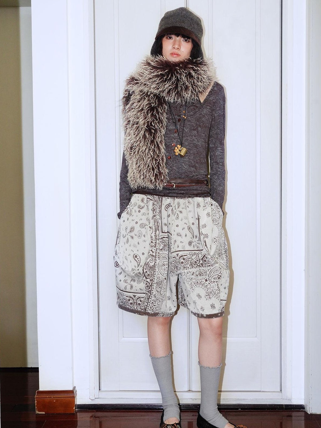 badtaste Brushed Jacquard Plaid Reversible Wideleg Women's Cotton Blend Bermuda Shorts