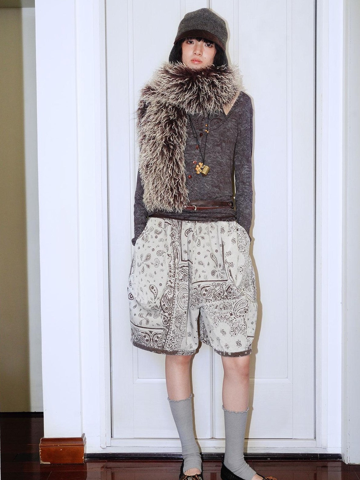 badtaste Brushed Jacquard Plaid Reversible Wideleg Women's Cotton Blend Bermuda Shorts