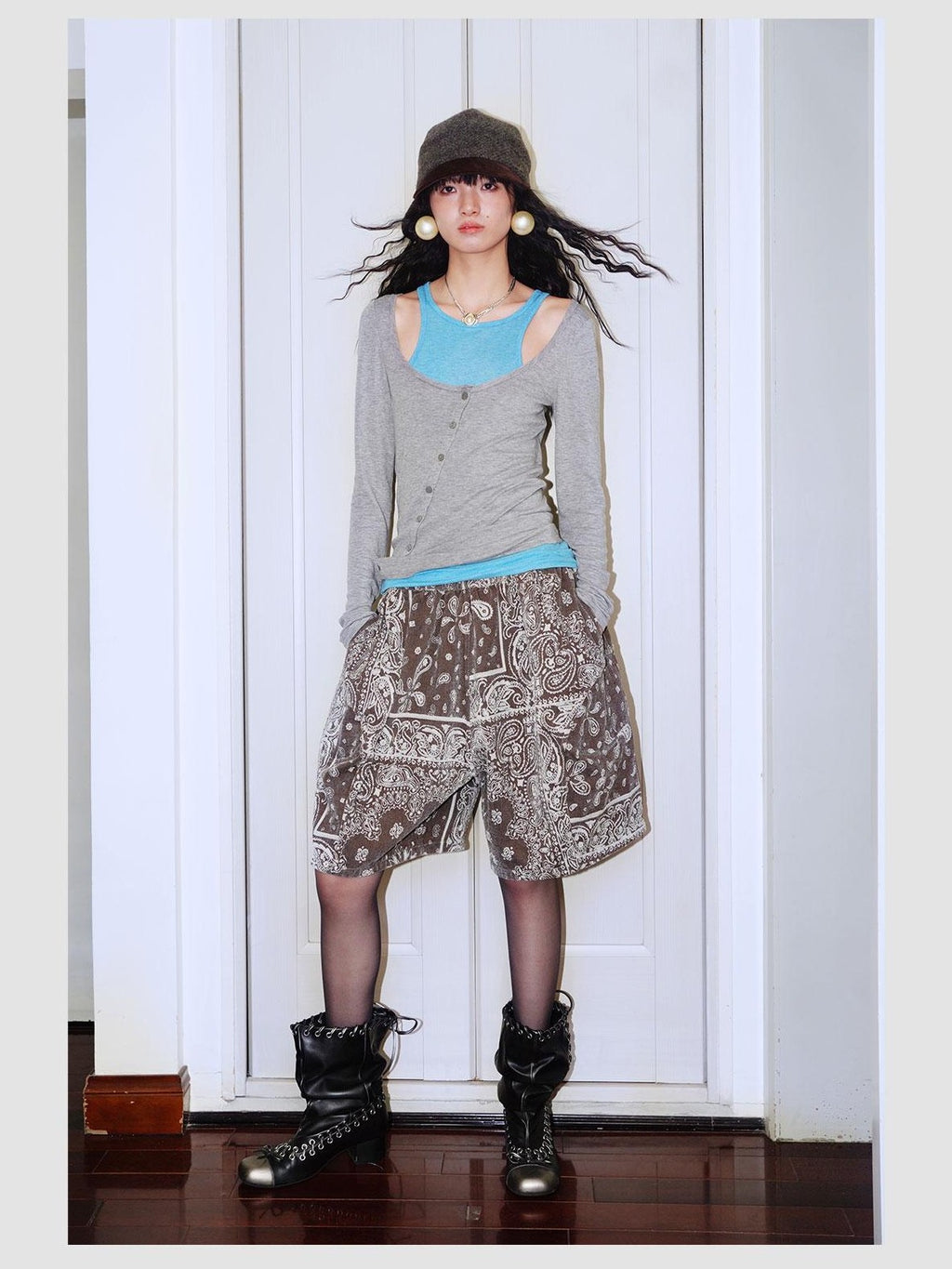 badtaste Brushed Jacquard Plaid Reversible Wideleg Women's Cotton Blend Bermuda Shorts