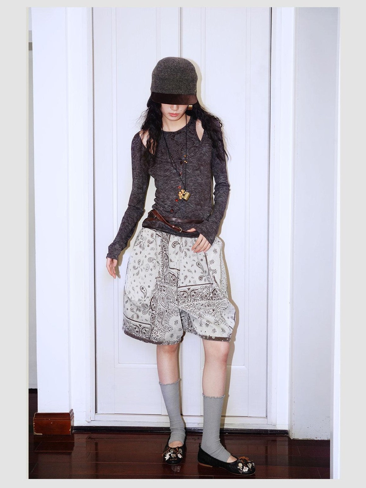 badtaste Brushed Jacquard Plaid Reversible Wideleg Women's Cotton Blend Bermuda Shorts