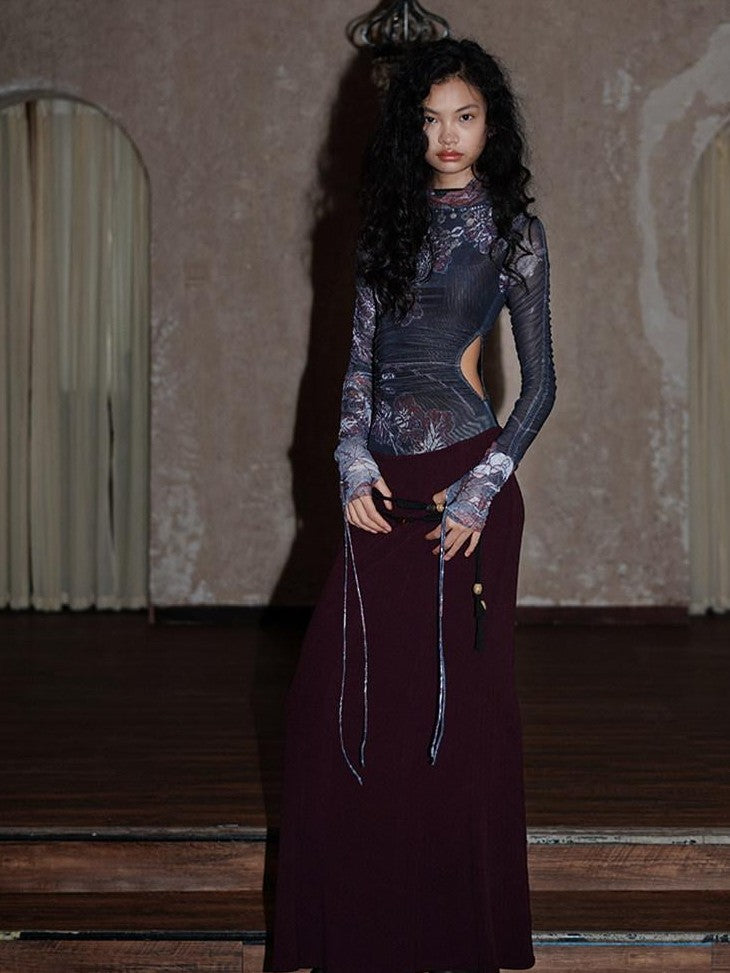 badtaste Chinese Print Mesh Panel Colorblock Slim Women's Mesh Bodycon Maxi Dresses