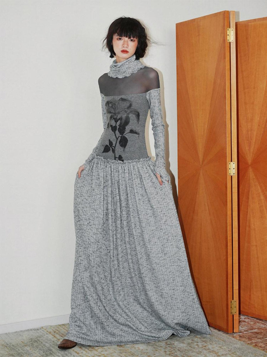 badtaste Chinese Print Panel High Neck Sheer Long Sleeve Women's Casual Maxi Dresses