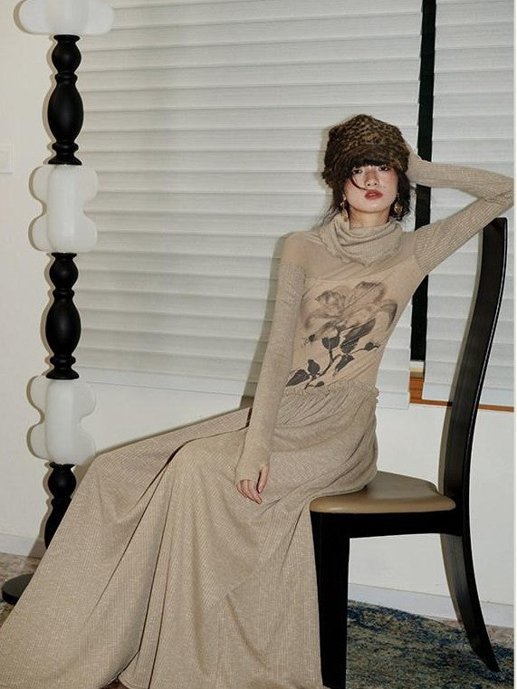 badtaste Chinese Print Panel High Neck Sheer Long Sleeve Women's Casual Maxi Dresses