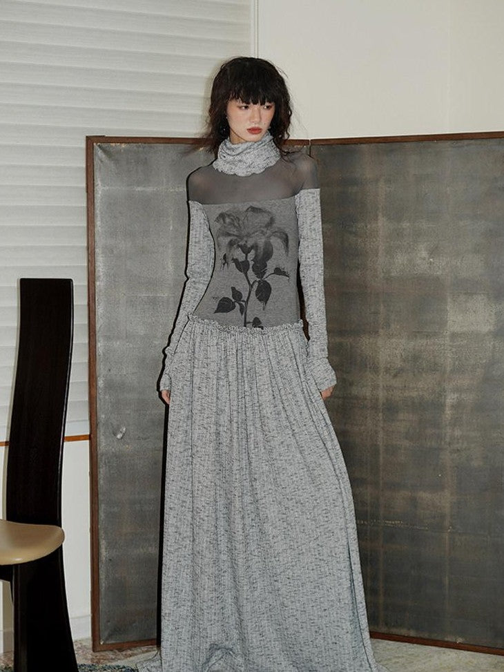 badtaste Chinese Print Panel High Neck Sheer Long Sleeve Women's Casual Maxi Dresses
