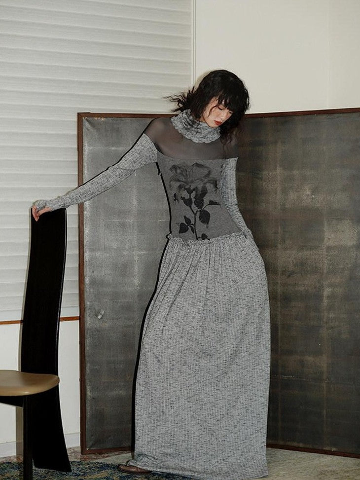 badtaste Chinese Print Panel High Neck Sheer Long Sleeve Women's Casual Maxi Dresses