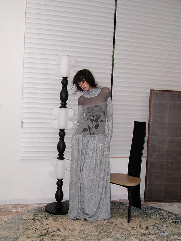 badtaste Chinese Print Panel High Neck Sheer Long Sleeve Women's Casual Maxi Dresses