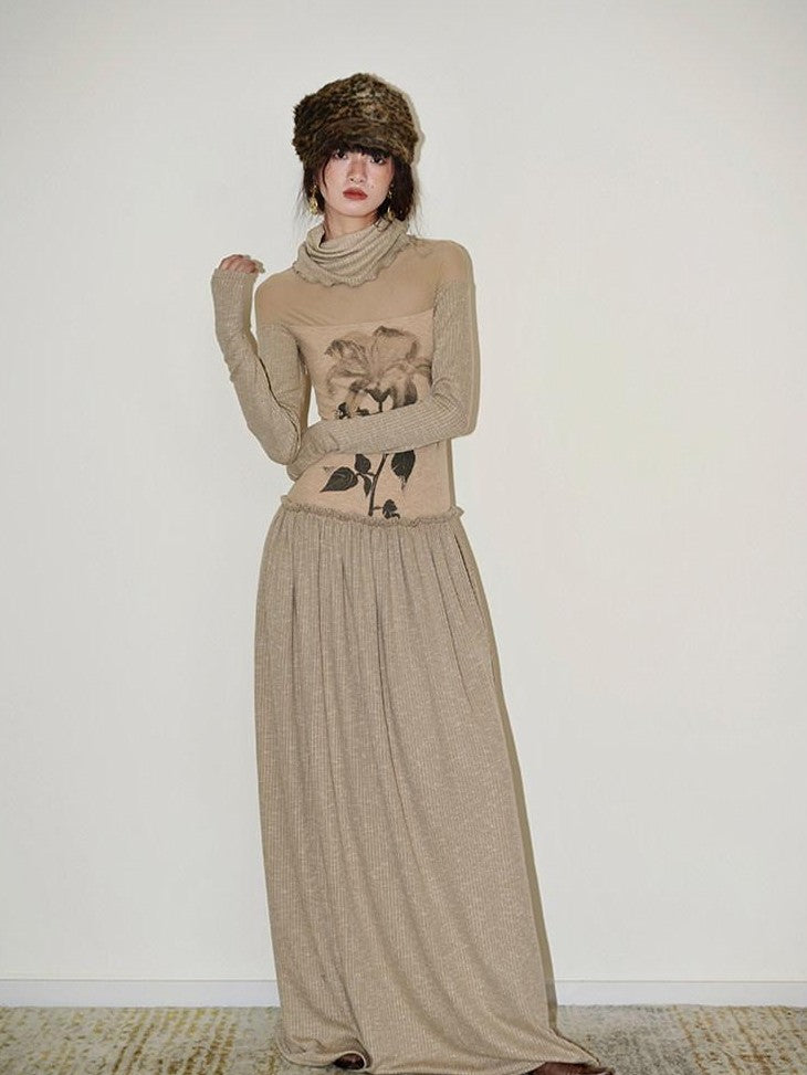 badtaste Chinese Print Panel High Neck Sheer Long Sleeve Women's Casual Maxi Dresses