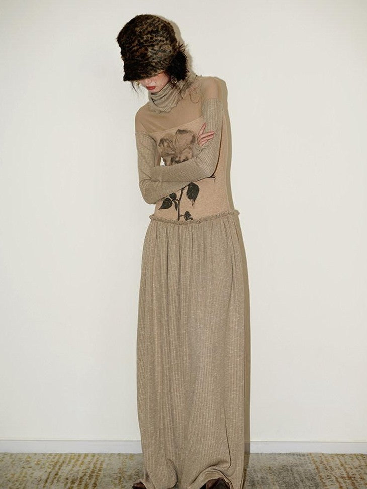 badtaste Chinese Print Panel High Neck Sheer Long Sleeve Women's Casual Maxi Dresses