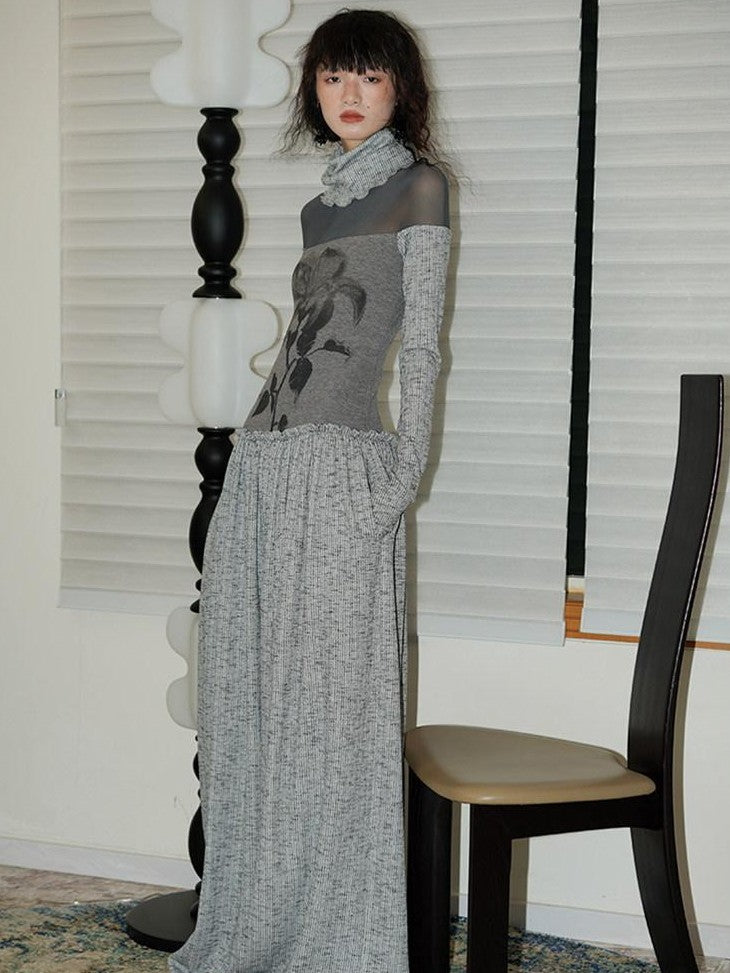 badtaste Chinese Print Panel High Neck Sheer Long Sleeve Women's Casual Maxi Dresses