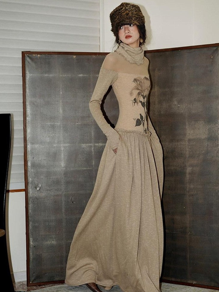 badtaste Chinese Print Panel High Neck Sheer Long Sleeve Women's Casual Maxi Dresses