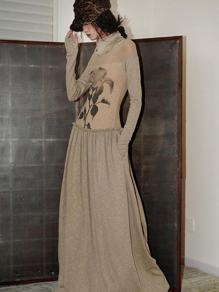 badtaste Chinese Print Panel High Neck Sheer Long Sleeve Women's Casual Maxi Dresses