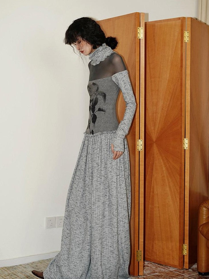 badtaste Chinese Print Panel High Neck Sheer Long Sleeve Women's Casual Maxi Dresses