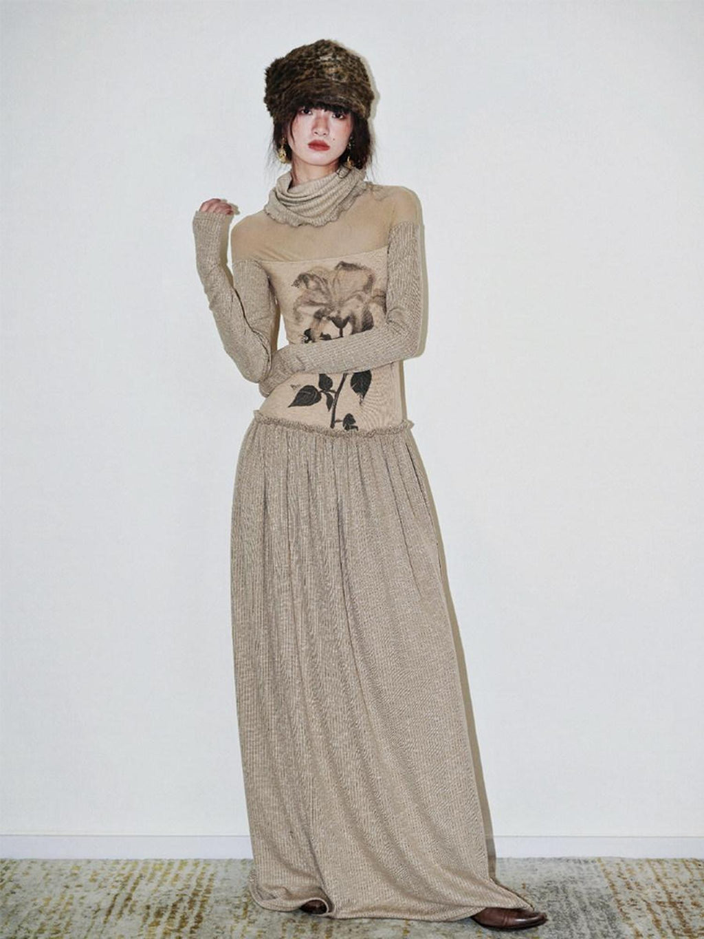 badtaste Chinese Print Panel High Neck Sheer Long Sleeve Women's Casual Maxi Dresses