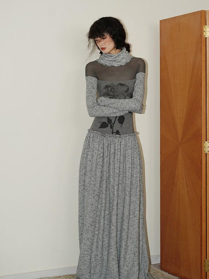 badtaste Chinese Print Panel High Neck Sheer Long Sleeve Women's Casual Maxi Dresses