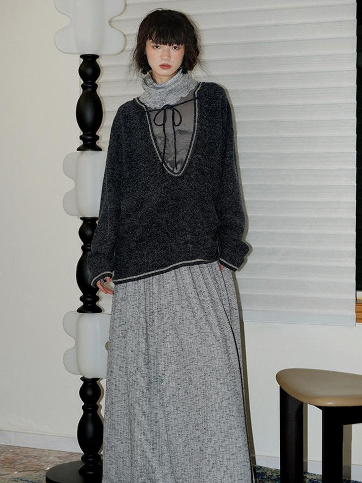 badtaste Chinese Print Panel High Neck Sheer Long Sleeve Women's Casual Maxi Dresses