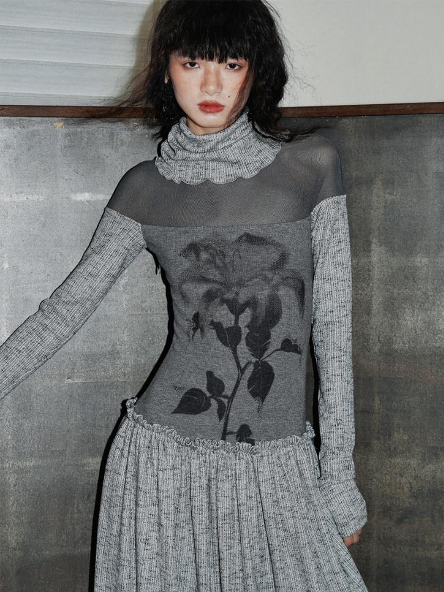 badtaste Chinese Print Panel High Neck Sheer Long Sleeve Women's Casual Maxi Dresses