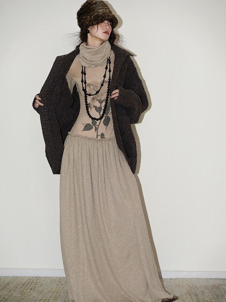 badtaste Chinese Print Panel High Neck Sheer Long Sleeve Women's Casual Maxi Dresses