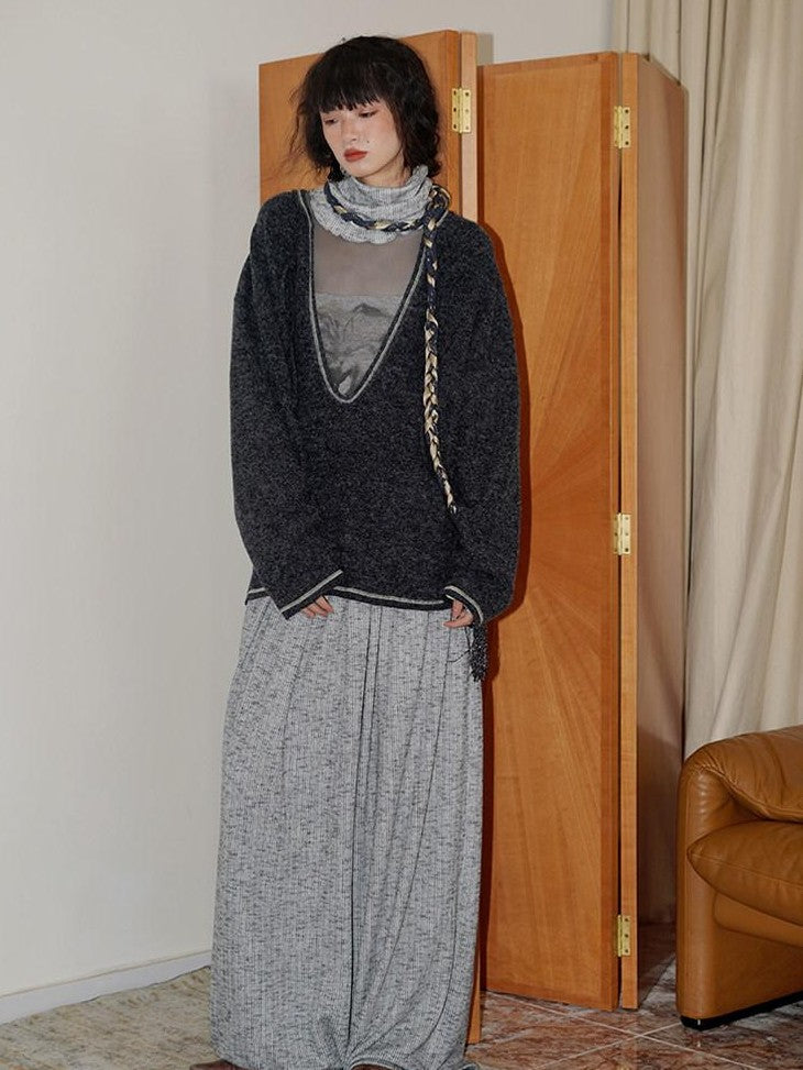 badtaste Chinese Print Panel High Neck Sheer Long Sleeve Women's Casual Maxi Dresses