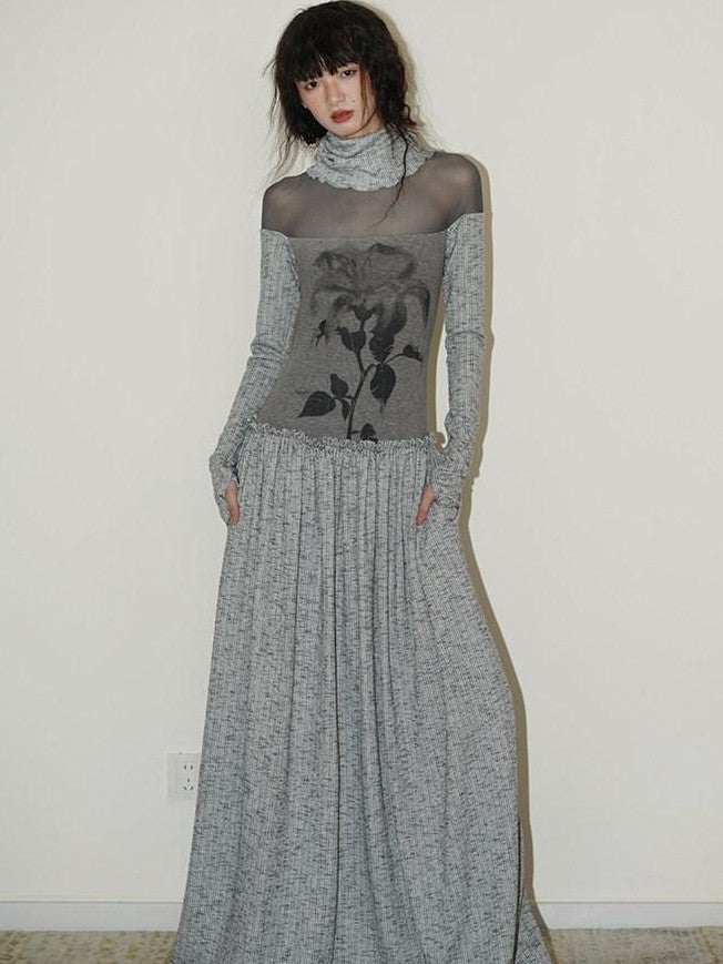 badtaste Chinese Print Panel High Neck Sheer Long Sleeve Women's Casual Maxi Dresses