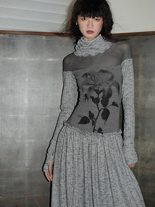 badtaste Chinese Print Panel High Neck Sheer Long Sleeve Women's Casual Maxi Dresses