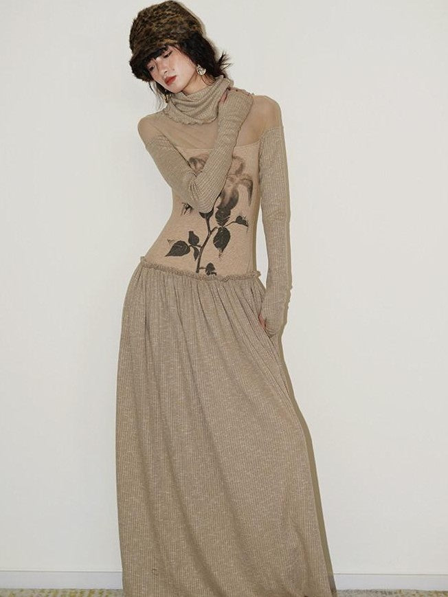 badtaste Chinese Print Panel High Neck Sheer Long Sleeve Women's Casual Maxi Dresses
