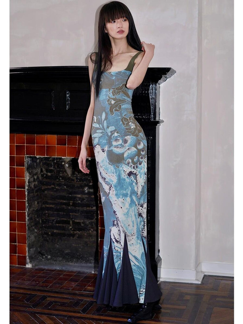 badtaste Chinese Print Patchwork Adjustable Straps Mermaid Women's Bodycon Maxi Dresses