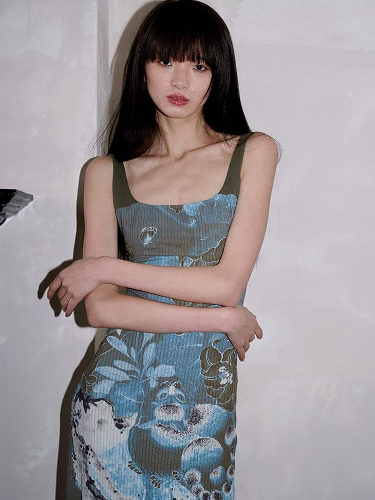 badtaste Chinese Print Patchwork Adjustable Straps Mermaid Women's Bodycon Maxi Dresses