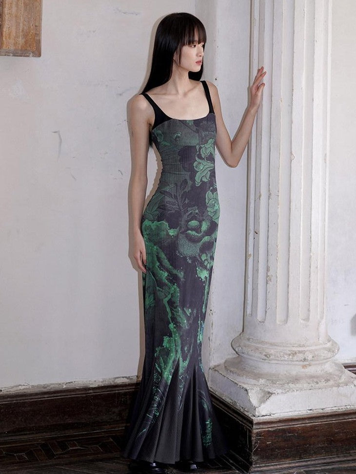 badtaste Chinese Print Patchwork Adjustable Straps Mermaid Women's Bodycon Maxi Dresses