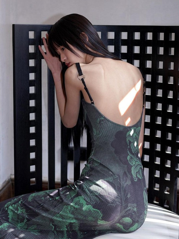 badtaste Chinese Print Patchwork Adjustable Straps Mermaid Women's Bodycon Maxi Dresses