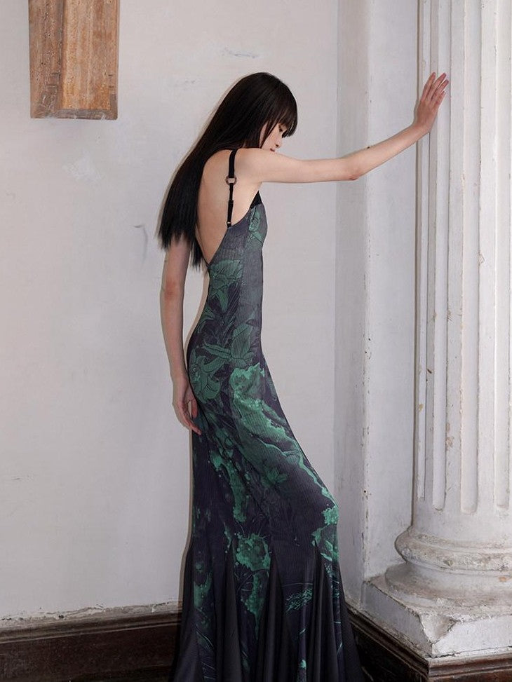badtaste Chinese Print Patchwork Adjustable Straps Mermaid Women's Bodycon Maxi Dresses