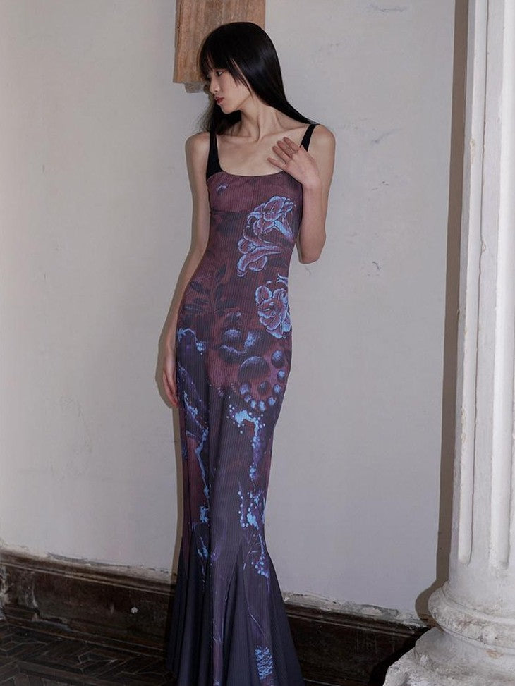 badtaste Chinese Print Patchwork Adjustable Straps Mermaid Women's Bodycon Maxi Dresses