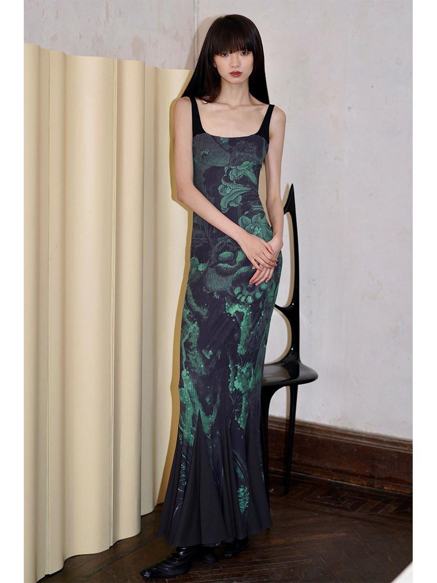 badtaste Chinese Print Patchwork Adjustable Straps Mermaid Women's Bodycon Maxi Dresses