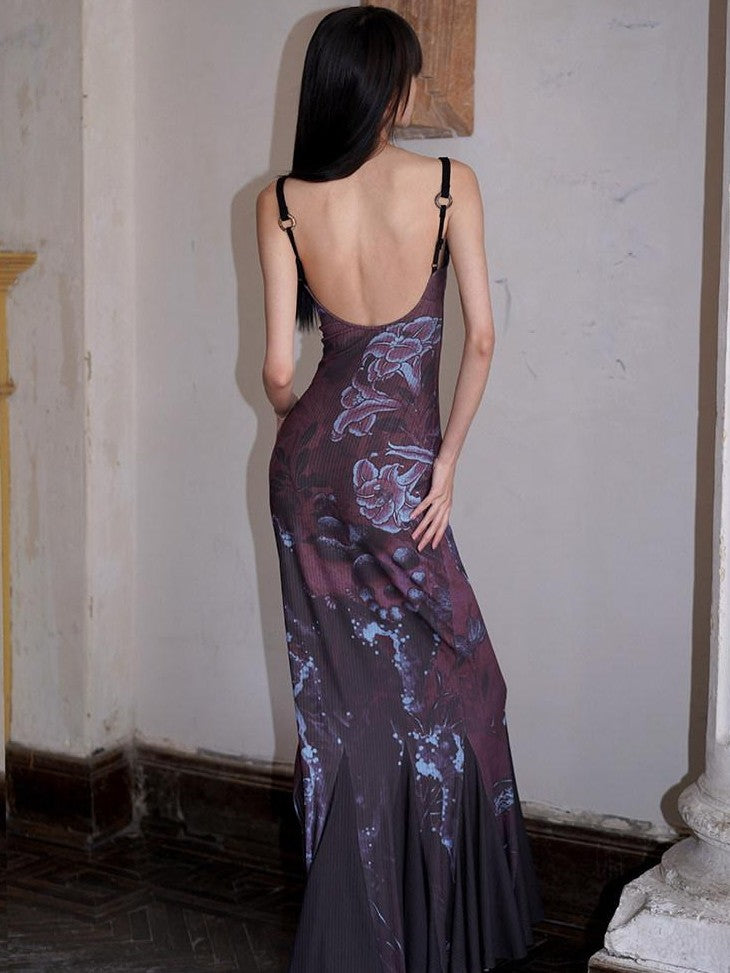 badtaste Chinese Print Patchwork Adjustable Straps Mermaid Women's Bodycon Maxi Dresses
