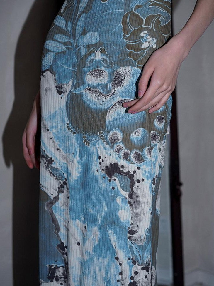badtaste Chinese Print Patchwork Adjustable Straps Mermaid Women's Bodycon Maxi Dresses