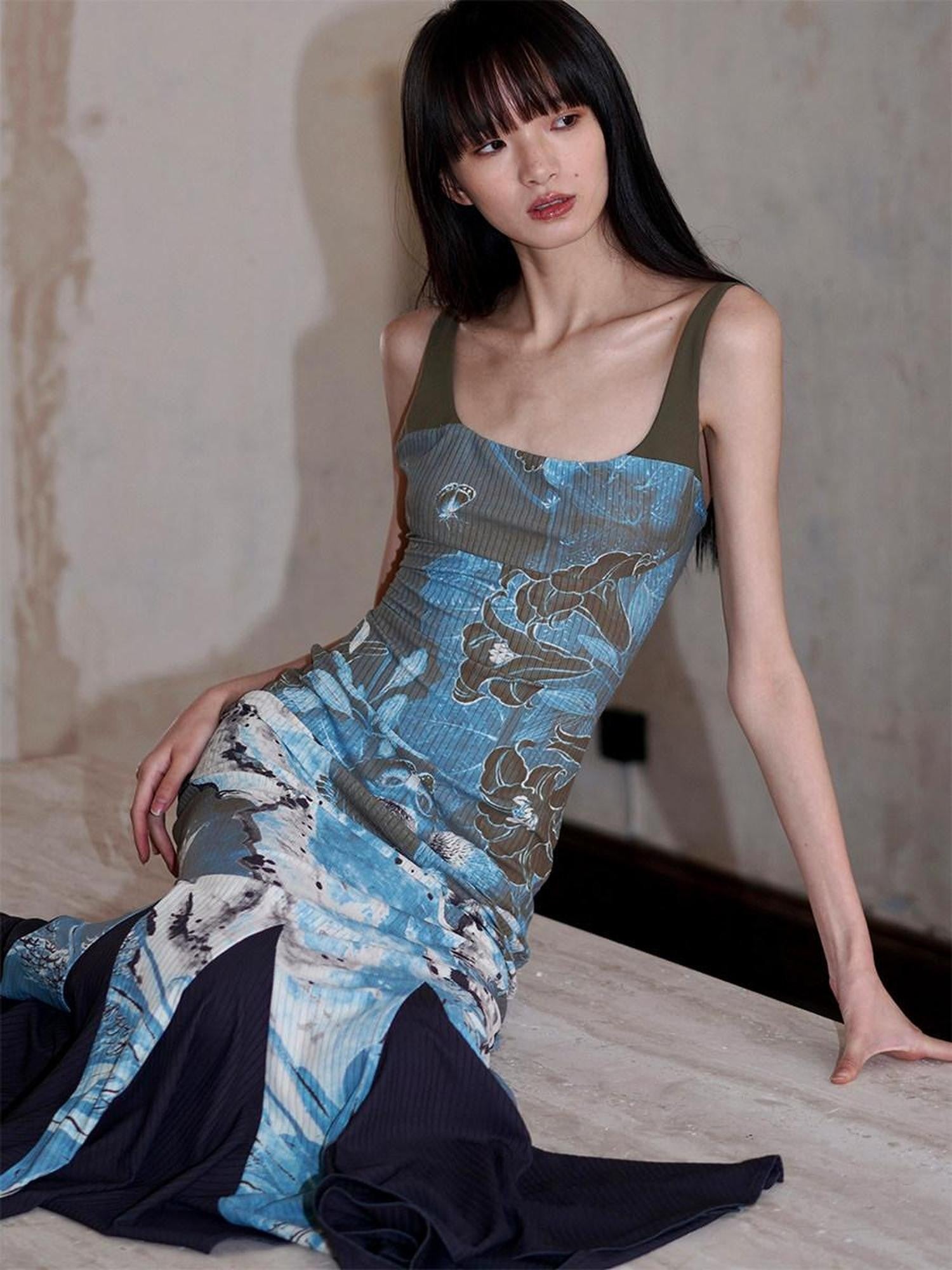 badtaste Chinese Print Patchwork Adjustable Straps Mermaid Women's Bodycon Maxi Dresses