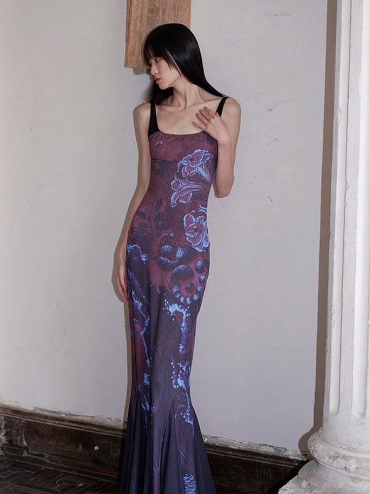 badtaste Chinese Print Patchwork Adjustable Straps Mermaid Women's Bodycon Maxi Dresses
