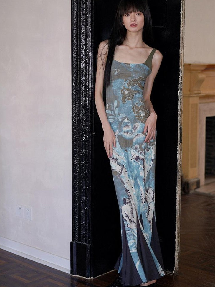 badtaste Chinese Print Patchwork Adjustable Straps Mermaid Women's Bodycon Maxi Dresses