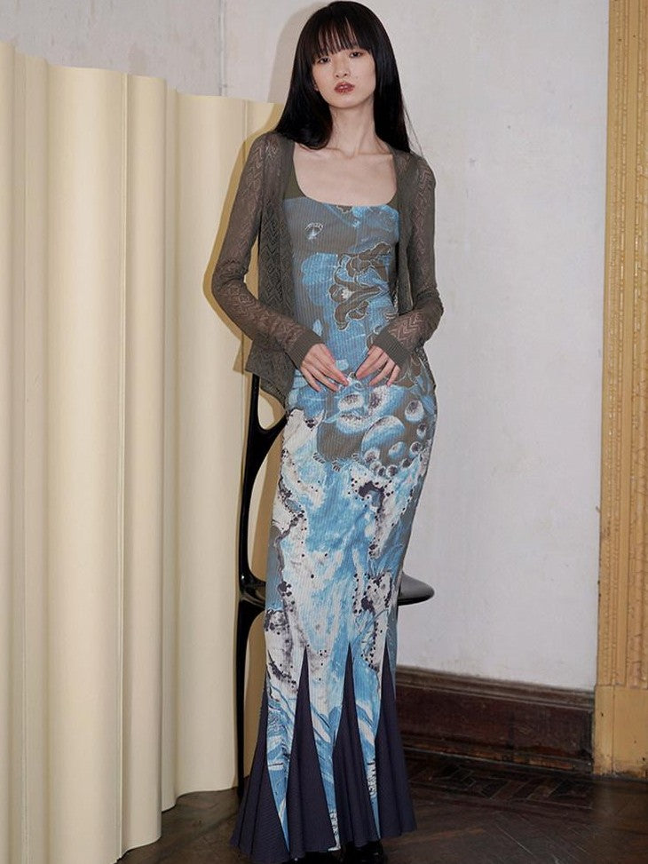badtaste Chinese Print Patchwork Adjustable Straps Mermaid Women's Bodycon Maxi Dresses